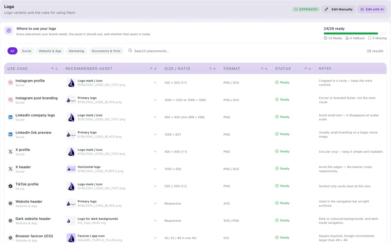 Brand Manager logo placements with recommended assets, sizes and readiness for social channels and the website.