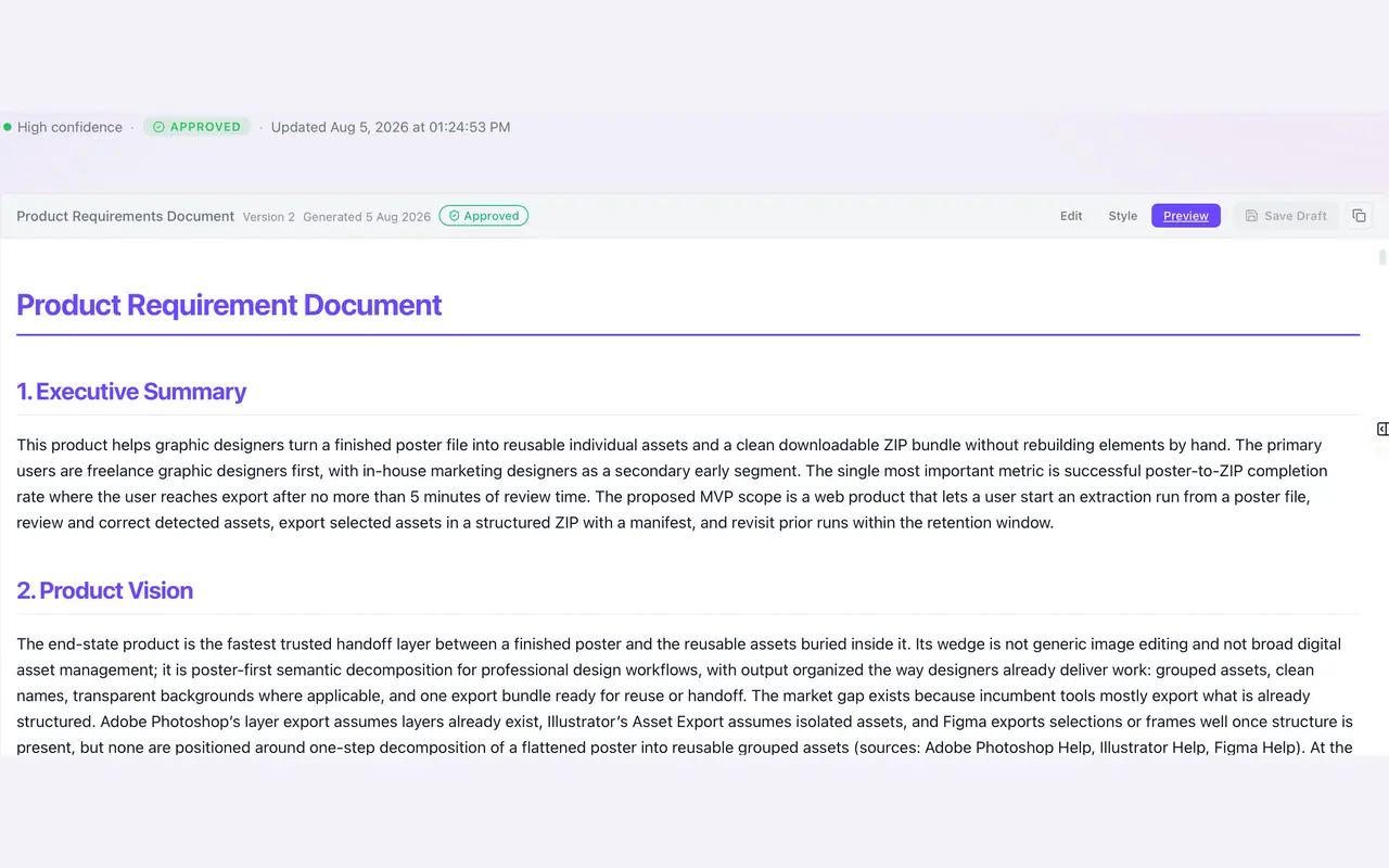 A PRD in Product Manager, opening with its executive summary and product vision.